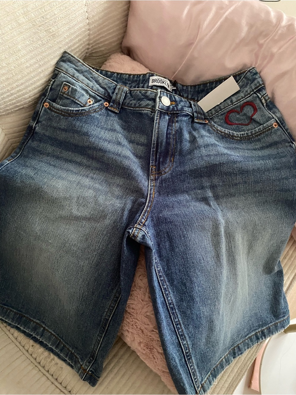 Embroidered Heart Denim Shorts